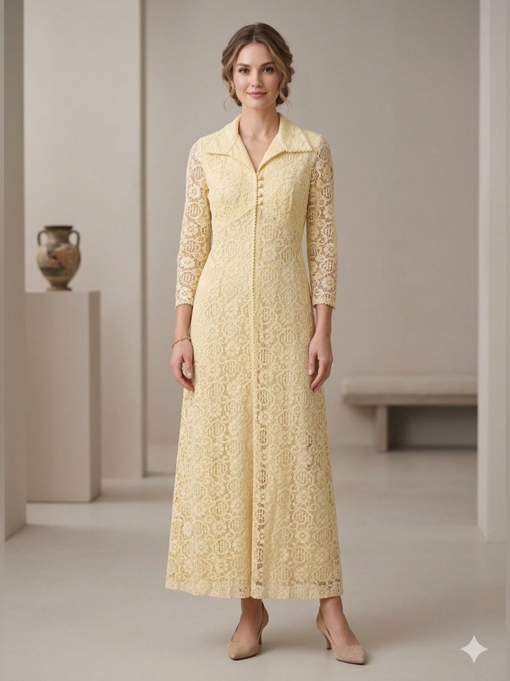 Vintage 1970s  Lemon Lace Long Robe and Sleeveless Dress